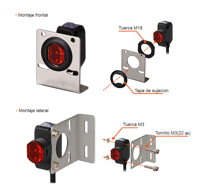 Front Mounting : M18 Nut, Fastening Cap, Side Mounting : M3 Nut, M3 Bolt (22mm)