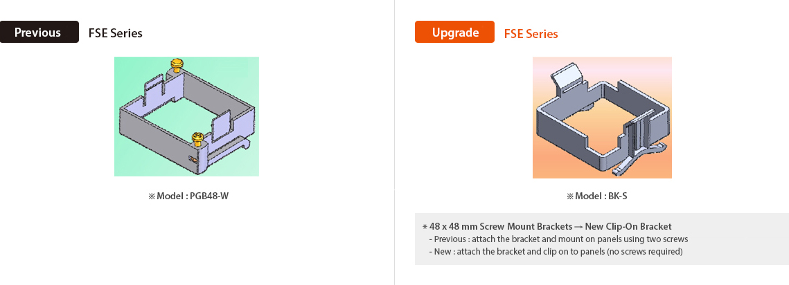 Previo : FSE Series ※Model : PGB48-W, Actualizado : FSE Series ※Model : BK-S *48x48mm  Screw Mount Brackets → New Clip-on Bracket -Previo : attach the bracket and mount on panels using two screws, -new:attach the bracket and clip on to panels (no screws required)