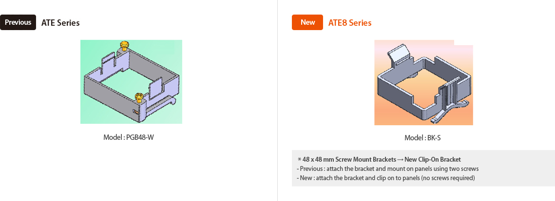 Previous : ATE Series Model : PG348-W, New : ATE8 Series Model:BK-S *48x48mm Screw Mount Brackets → New Clip-on Bracket -previous:attach the bracket and mount on panels using tow screws, -New:attach the bracket and clip on to panels (no screws required)