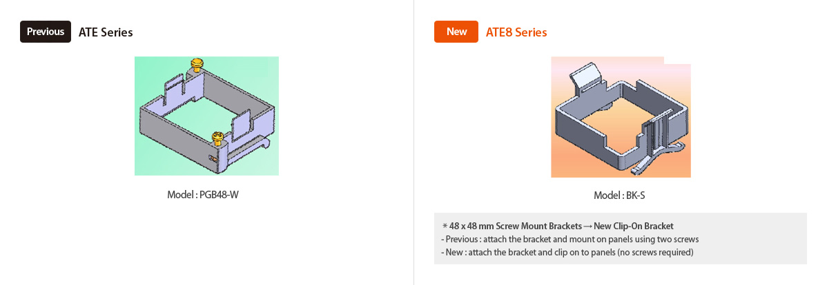 Previous : ATE Series Model : PG348-W, New : ATE8 Series Model:BK-S *48x48mm Screw Mount Brackets → New Clip-on Bracket -previous:attach the bracket and mount on panels using tow screws, -New:attach the bracket and clip on to panels (no screws required)