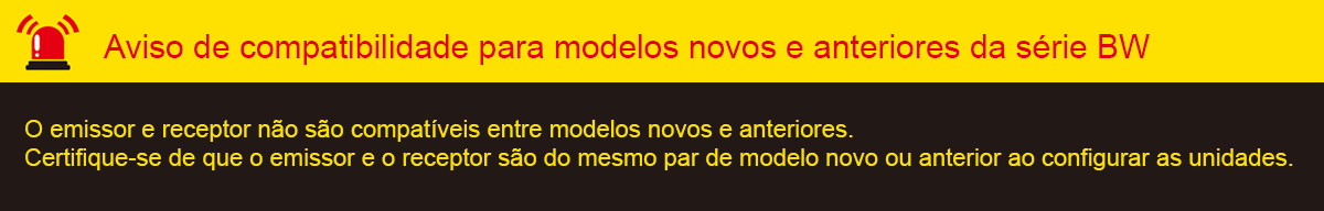 Aviso de compatibilidade para modelos novos e anteriores da série BW : O emissor e receptor não são compatíveis entre modelos novos e anteriores. Certifique-se de que o emissor e o receptor são do mesmo par de modelo novo ou anterior ao configurar as unidades