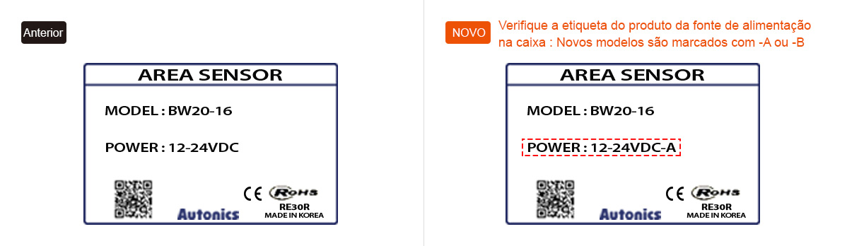 Verifique a etiqueta do produto da fonte de alimentação na caixa: Novos modelos são marcados com -A ou -B