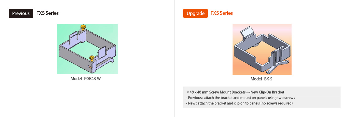 Previous:FXS Series Model:PGB48-W, Upgrade:FXS Series Model : BK-S *48 x 48mm  Screw Mount Brackets → New Clip-On Bracket -Previous:attach the bracket and mount on panels using two screws -New:attach the bracket and clip on to panels (no screws required)