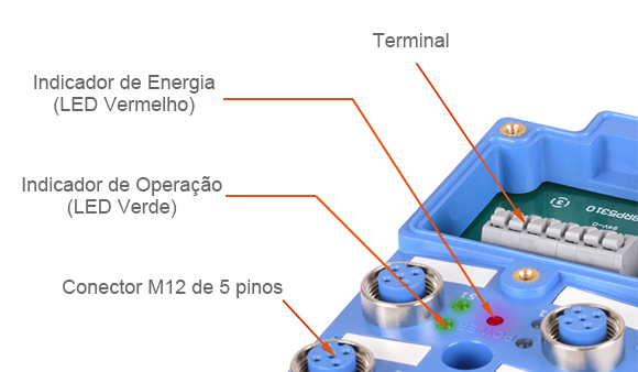 Terminal, Indicador de Operação (LED Verde), Indicador de Energia (LED Vermelho), Conector M12 de 5 pinos