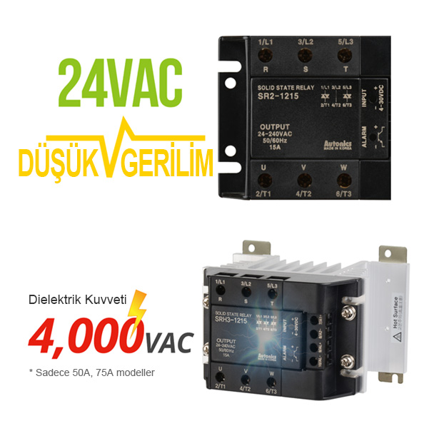 24VAC - DÜŞÜK GERİLİM, Dielektrik Kuvveti - 4,000VAC(Sadece 50A, 75A modeller)